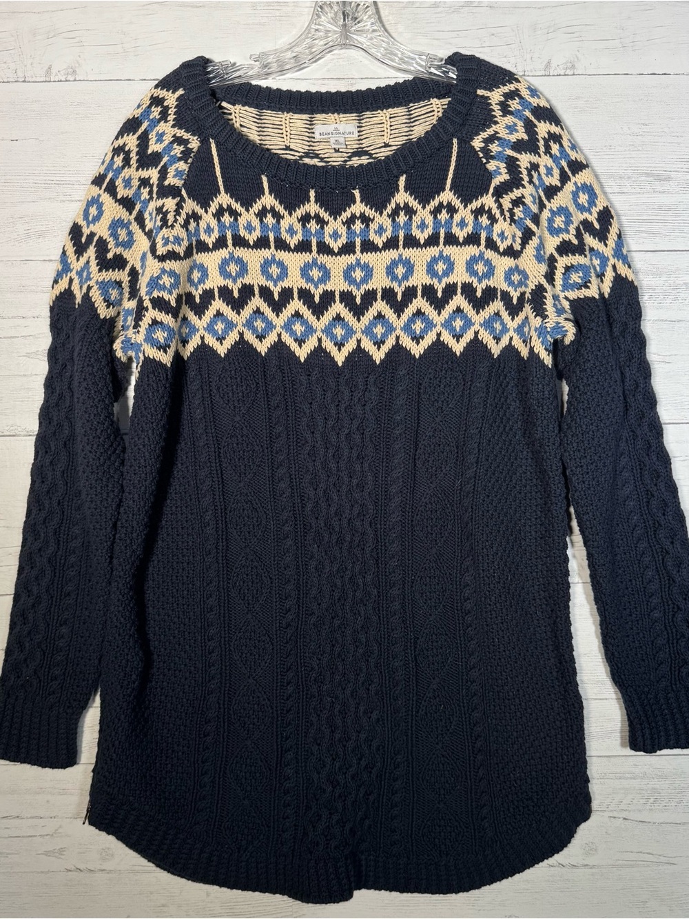 LL Bean Signature Fair Isle Cable Knit Tunic Sweater Side Zippers 100% Cotton